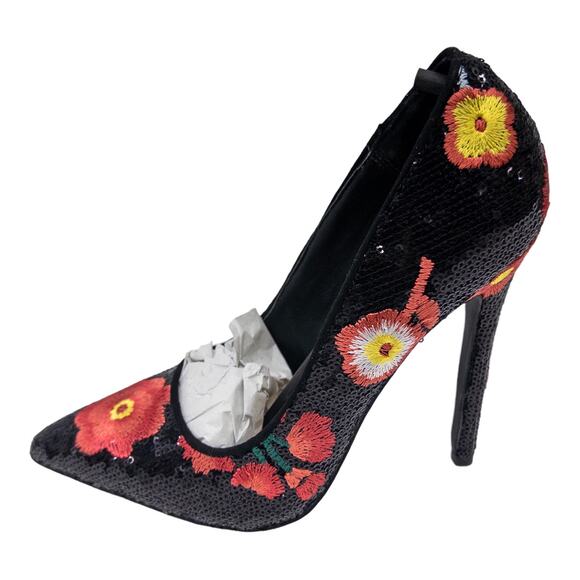JustFab Black Sequin Red Floral Embroidered Pointed Toe Stiletto High Heels 6 - Picture 2 of 14